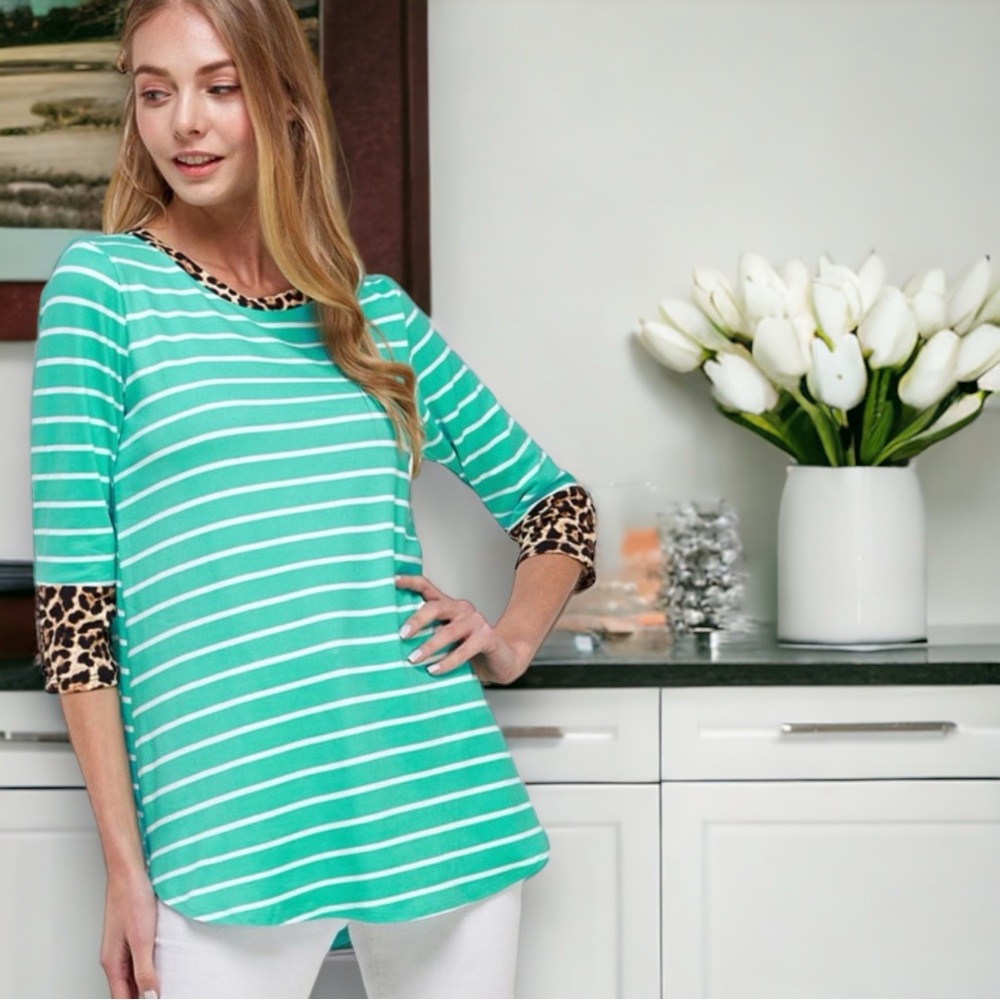 Soft Striped Top with Leopard Trim